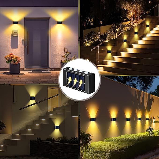 8 Pack Solar Wall Lights for Outside 3000K Warm Solar Fence Lights Up and Down Autumn LED Outdoor Decorative Waterproof Lamps Dusk to Dawn LED Lighting Wall Sconces for Outside Deck Garage