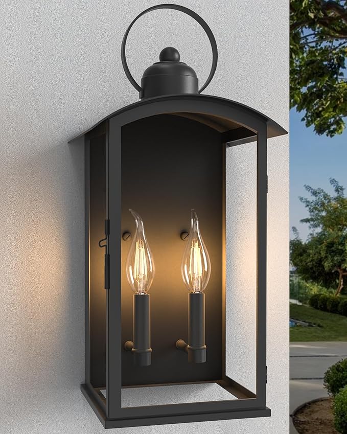 𝟏𝟗.𝟕-𝐈𝐍𝐂𝐇 Outdoor Wall Light Fixtures Dusk to Dawn Exterior Lanterns Waterproof Large Porch Sconces Wall Mounted Lighting Modern Matte Black Front Open Window Wall Lamps for Patio