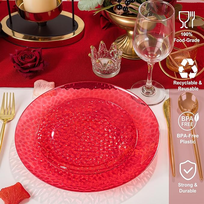 Rubtlamp 60 Pcs Red Plasitc Plates Heavy Duty DisposableClear Red Disposable Plates Hammered Plastic plates Include 30 Dessert Platos 30 Dinner Platos for Party