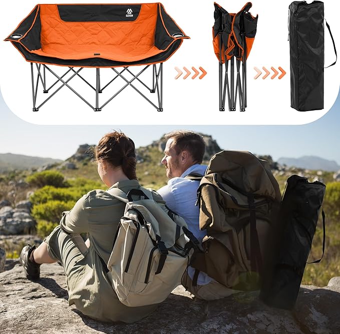 Elevon Camping Chair Oversized Loveseat Double 2 Person Outdoor Chair with Arms Cup Holder and Carry Bag Heavy-Duty Collapsible Chair for Outside Orange