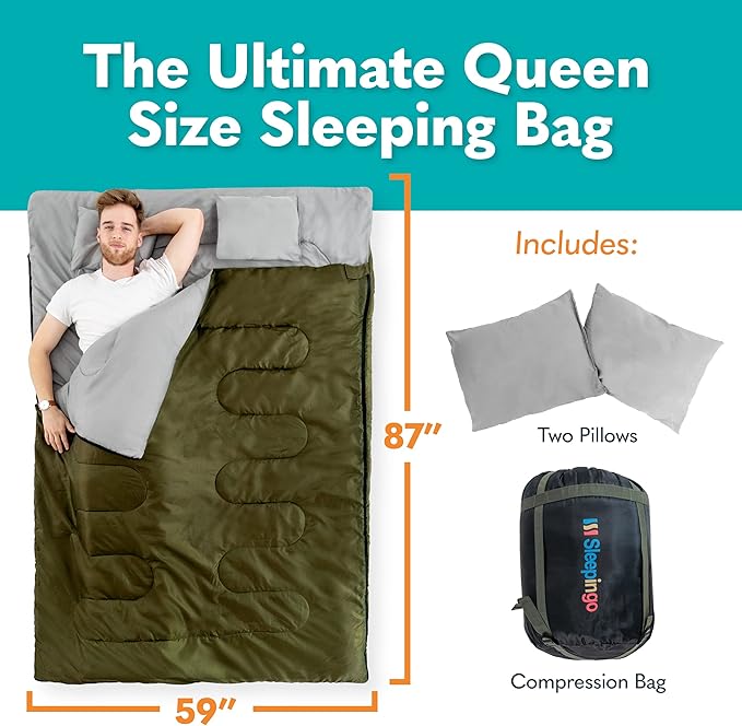Double Sleeping Bags for Adults Backpacking Camping or Hiking - Waterproof Queen Sleeping Bags for Adults or Teens - Truck Tent Sleeping Pad