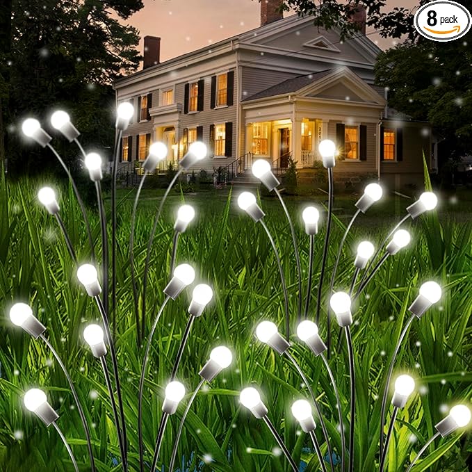 OZS 8 Pack Total 64 LED Solar Firefly Lights Fairy Outdoor - Solar Garden Lights Outdoor Sway by Wind Waterproof for Garden Patio Pathway Fairy Decoration (Cool White)