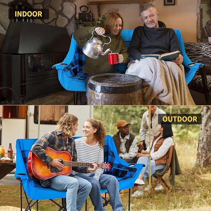 DoCred Heated Double Camping Chair Folding 2 Person Camping Chairs Loveseat Outdoor SportsHeated Oversized Lawn Chairs for AdultsHeating Camp Chair with 3 Heat Levels Battery NOT Included