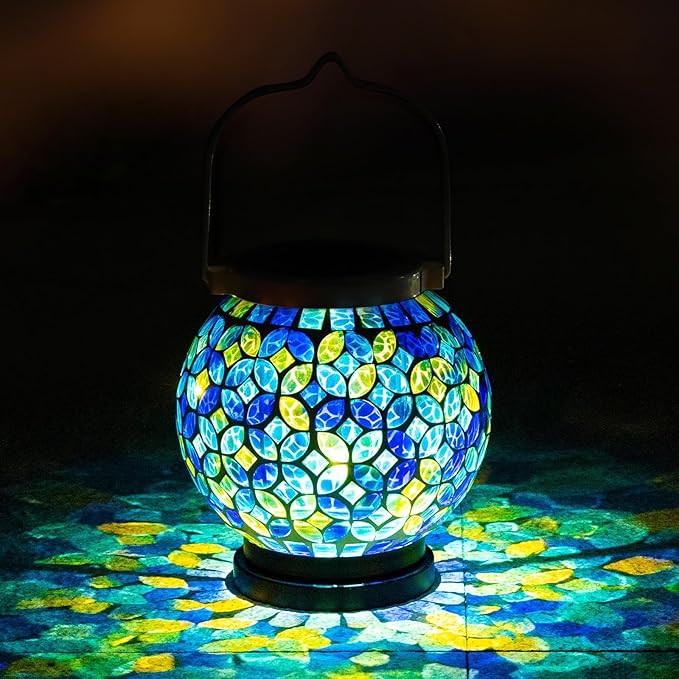 VOREEN Mosaic Solar Lanterns Handmade Outdoor Glass Hanging Light Waterproof Solar Table Lamp Gift for Mom Wife Friend Decor for Garden Patio Yard Balcony Green &amp Yellow Leaves Pattern