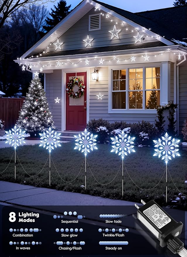 Brightown Snowflake Lights Outdoor 10 Large Snowflake Christmas Pathway Lights Christmas Decorations Outside Yard Sidewalk Walkway Driveway Marker Garden Lawn Stakes with LED Lights White