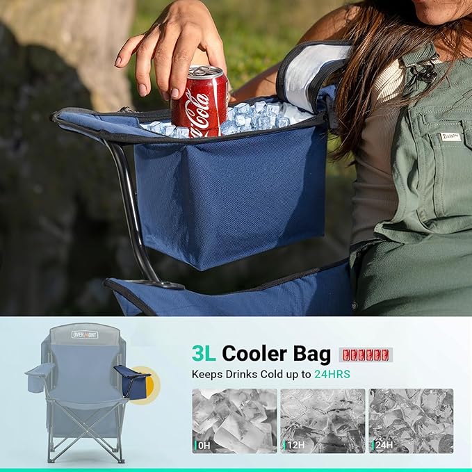 Overmont 2PCS Camping Chair with Canopy Shade Cooler Bag - Oversized Folding Beach Chair with High Back Support Big Cup Holder - Portable Lawn Chair for Outdoor Travel Sports Fishing - Support 330lbs