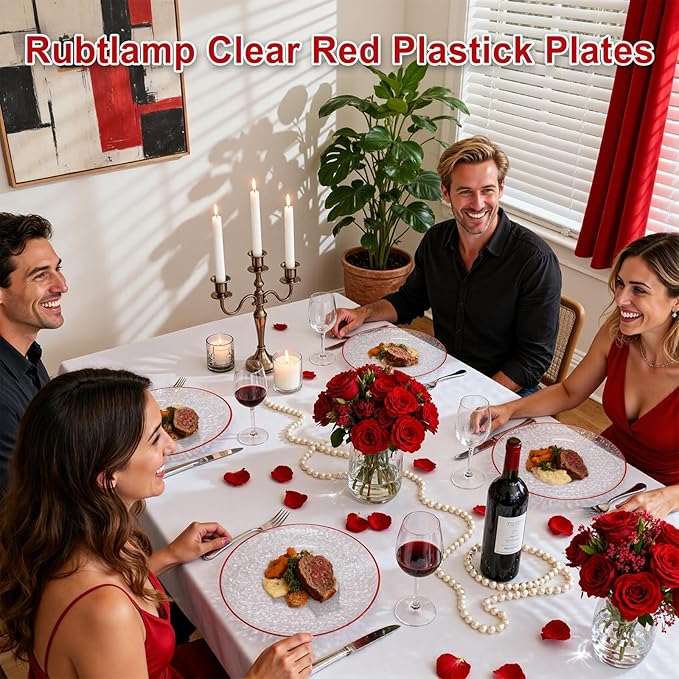 Rubtlamp 60Pcs Red Plastic Plates Clear Plastic Plates With Red Rim Heavy Duty Disposable Plates for Party Fancy Hammered Plates Include 30 Red Dinner Plates 30 Clear Cake Plates