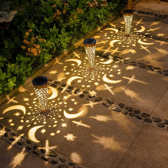Go2garden Solar Lights Outdoor Decorative Stake Lights Waterproof with Moon Star for Patio Pathway Backyard Outside Decorations Lawn OrnamentsGarden Gifts (Copper 6pack)