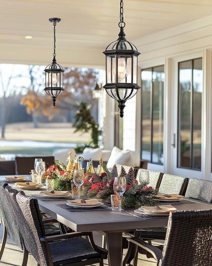 VIANIS 20 Large Outdoor Pendant Light Black Outdoor Chandelier for Porch with Tempered Beveled Glass 1-Light Adjustable Outdoor Chandelier for Entryway Gazebo Anti-Rust 100% Aluminum