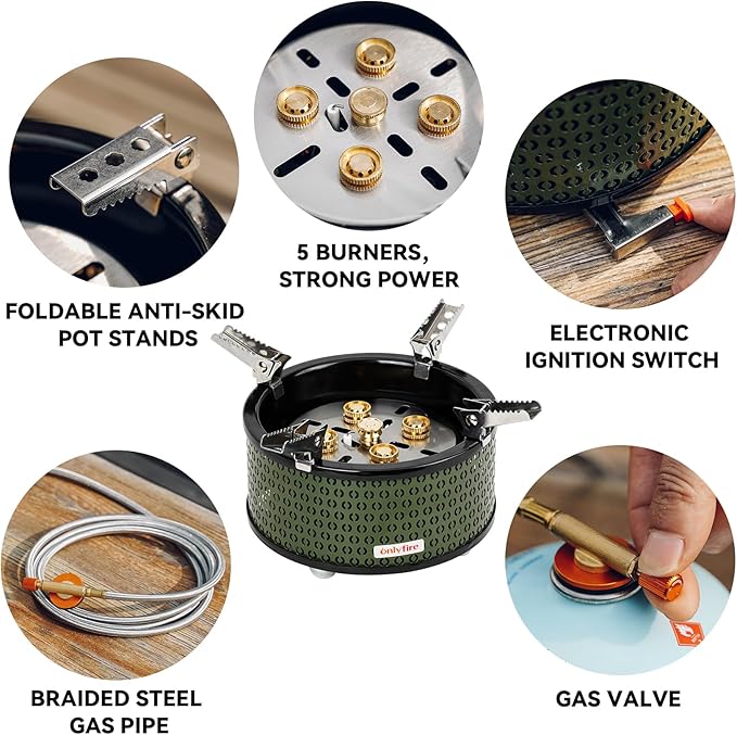 ONLYFIRE OUTDOOR LIVING Portable Camping Gas Stove with Storage Bag &amp Gas Adapters 5 Burners Propane Stove for Outdoor Patio Cooking Picnic Camping Hiking Tailgating Emergency Use Green GS344