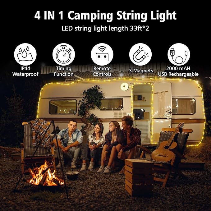 2PCS Camping String Lights 33ft 4 in 1 Rechargeable 100LED Outdoor Tent String Lights with 14 Lighting Modes Remote Control Waterproof with Timer Function for Camping Gear Essentials Hiking Garden