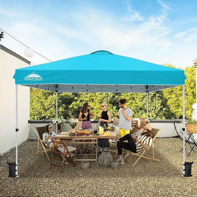 EAGLE PEAK Pop Up Canopy Tent with Wheeled Carry Bag 8 Stakes 4 Ropes 4 Weight Bags Easy Set Up Tent Canopy 12x12 ft 144sqft of Shade Light Blue