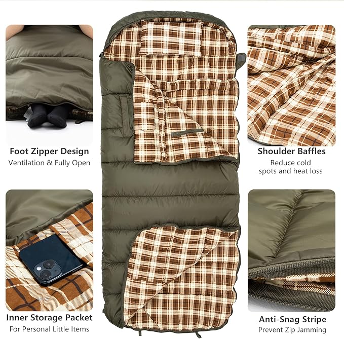 BISINNA Flannel XXL Sleeping bag (90.55x39.37) Wearable Sleeping Bag for Alults 3 Season with Pillow Compressdin Sack for Hiking Camping Backpacking Outdoor