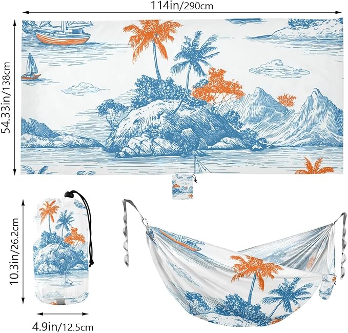 OTVEE Camping Hammock Tropical Island Pattern Portable Hammocks 500lb Upgraded Thickened Durable Single Hammocks with Tree Straps &amp Travel Bag for Camping Outdoor Indoor Patio Backyard
