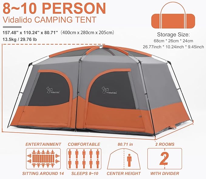 Vidalido Tents8-10 Person Camping Tent with Extended Vestibule2 Room Weather Resistant Family TentsEasy Install Waterproof Outdoor Tent for Camping Hiking