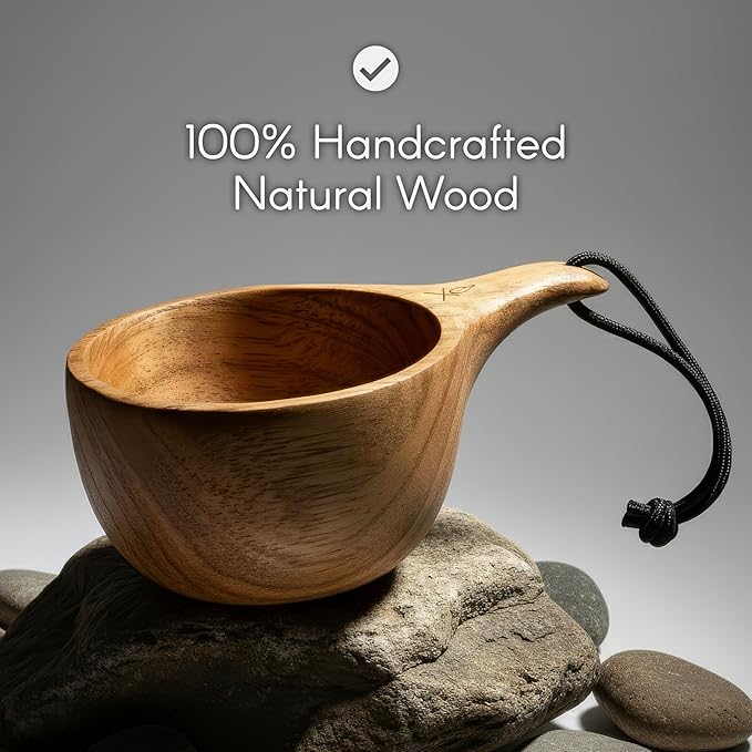 überleben | Lore Kuksa Wooden Cup – Handcarved 12oz Coffee Mug Bowl with Lanyard &amp Carabiner – Lightweight Camping Essentials &amp Traditional Nordic Bushcraft Gear