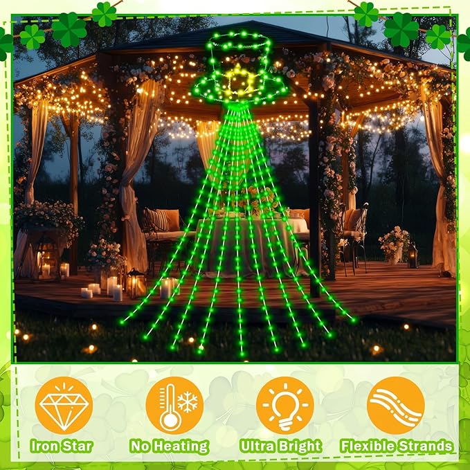 12 ft St Patrick's Day Waterfall String Lights with 320 LED Leprechaun Hat String Lights with 8 Modes Lighted St Patrick's Day Outdoor Decoration for Tree Garden Yard Ireland Party