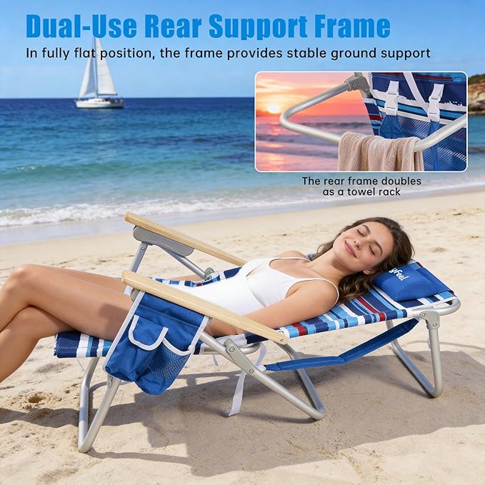 SUNNYFEEL Low Back Folding Beach Chair Aluminum Heavy Duty Beach Chair with with 5-Position Portable Camping Chair for Adults with Wood Armrest Lightweight Camping Chair 300lbs Blue Stripe