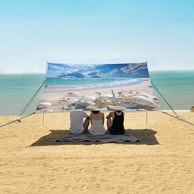 Beautiful Beach Scene Beach Tent Sun Shelter 9.2' x 10.5' Beach Canopy with 4 Sandbags 4 Stability Poles Sand Shovels - Tent Canopy for Beach Camping Fishing Picnics