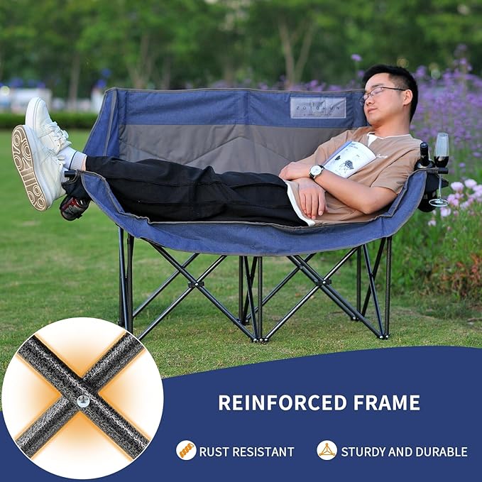 Portable Double Folding Love Seat Padded Camping Chair with Cup Holder Navy Blue and Gray