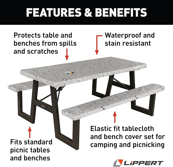 Lippert Color Escape Vinyl Tablecloth/Bench Cover Set for Camping and Picnics with 100% PEVA Material Waterproof and Stain-Resistant Fabric - 2023051696