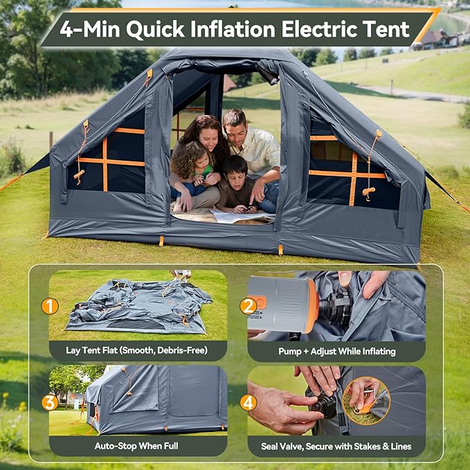 Inflatable Camping TentEasy Set up with Electric Air Pump Waterproof Blow Up Tent for Adults Portable Outdoor for Camping&ampHiking