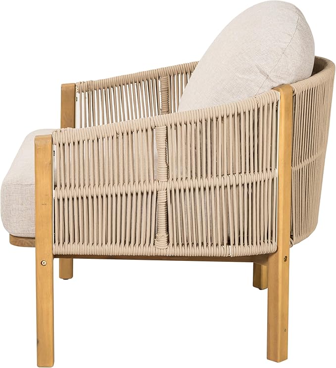 Outdoor Wood Club Chair Beige Rope with Beige Cushion