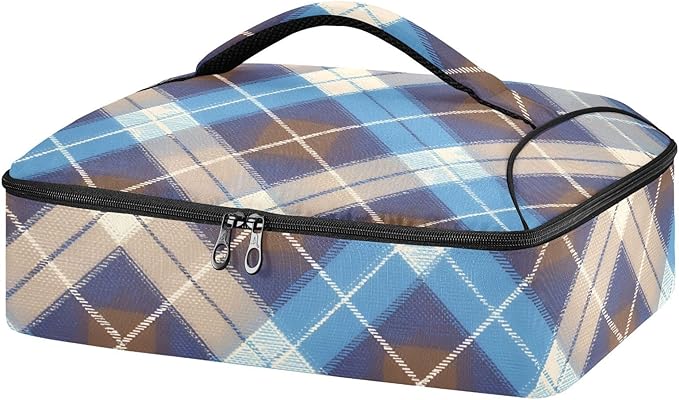 Casserole Carrier Blue Brown Tartan Insulated Casserole Carrier for Hot or Cold Food Thermal Lunch Tote for Parties Picnic Travel Carry Bag