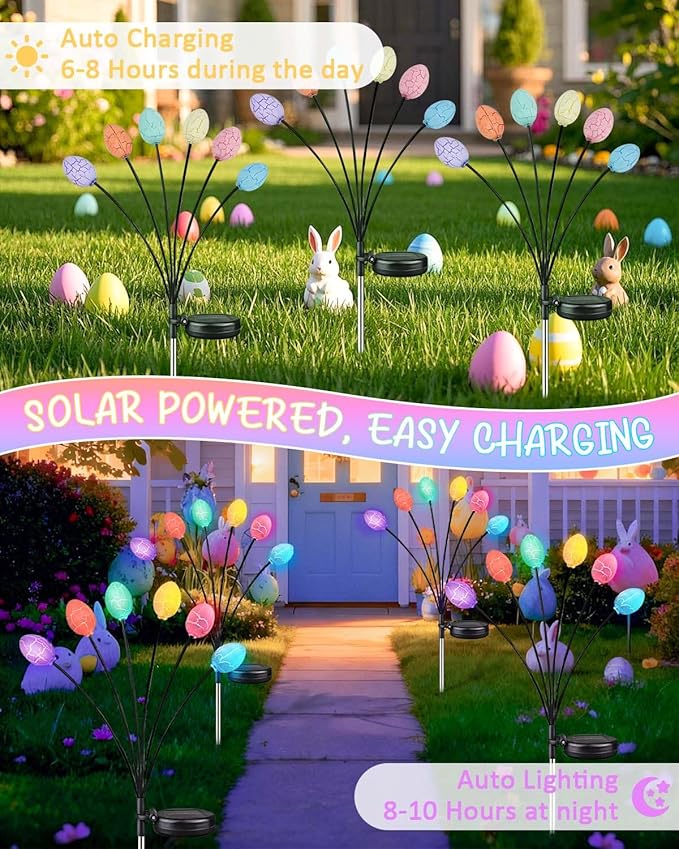 Upgraded 4 Pack Solar Easter Egg Lights Outdoor Colorful Swaying Firefly Lights with 2 Lighting Modes Waterproof Solar Pathway Lights for Spring Garden Lawn Yard Patio Porch Easter Decorations