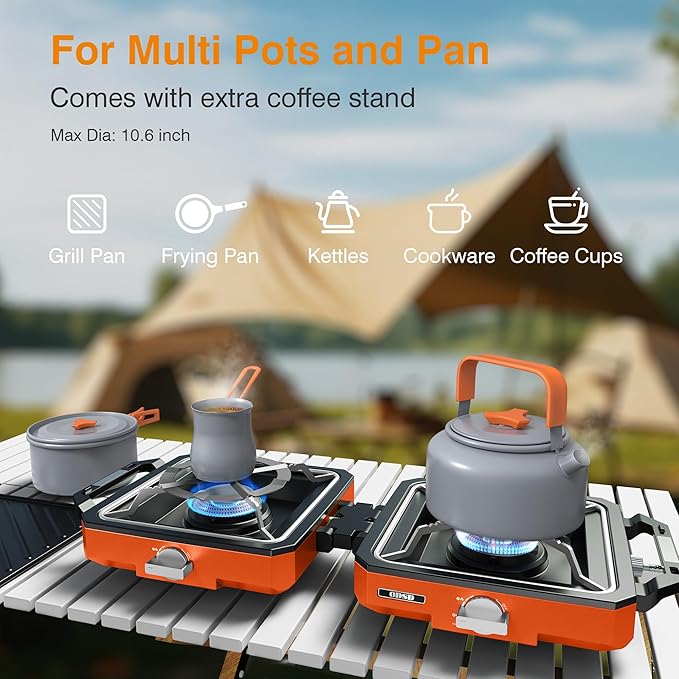 ODSD 2 Burner Camping Stove with Windshield 20000 BTU Propane Camp Stove Portable Folding Gas Stove Camping Essentials Gear Includes Frying Pan Coffee Stand &amp Carry Bag Orange