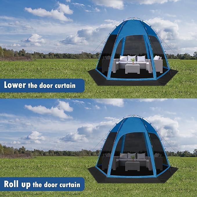 Screen Tent with Removable Floor Siebwin 11.8'x11.8' Six-Sided Gazebos with Mosquito Netting Sunproof Outdoor Canopy Tent for 6-8 People Family Backyard Party Outside Activities Blue