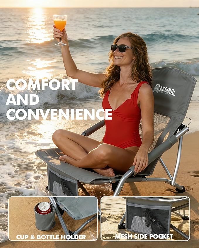 AKSOUL Folding Beach Chair for Adults: Low/High Back Chairs with Carry Bag - Extra Wide Seat Chair with Comfortable Pillow &amp Storage Pocket (1 Pack &amp 2 Pack Blue)