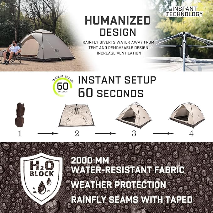Happy Travel 1/2/3/4 Person Camping Tent Instant Easy Pop Up Tents for CampingAutomatic Waterproof Family Camping Tent Easy Set Up TentPortable Windproof Dome Tent for Camping Hiking &amp Traveli