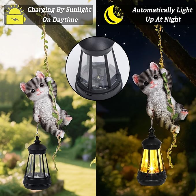 Solar Hanging Cat Statue Outdoor Resin Black Cat Figurine with LED Lights Kitty Animal Ornament for Garden Fence Porch Patio Yard Decor Dusk to Dawn Auto On/Off