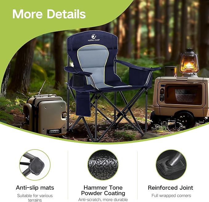 GREEN PARTY Folding Camping Chair Oversized Heavy Duty Lawn Chair with Cooler Bag Cup Holder Storage Pocket Collapsible Padded Outdoor Arm Chair Quad Lumbar