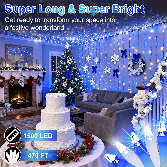 1500 LED 470FT Christmas String Lights Outdoor 12 Pro Modes and Timer Memory &amp Brightness Plug in Waterproof Clear Wire Twinkle Light for for Xmas Yard Tree Wedding Party Decor (Blue &amp White