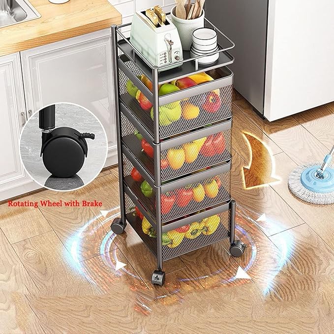 JITUIHOM Kitchen Rack Floor-to-Ceiling Multi-Layer Kitchen Storage Shelf Rotating Basket Drawer Rolling Trolley Fruit and Vegetable Rack(Square 4 Tier Black)