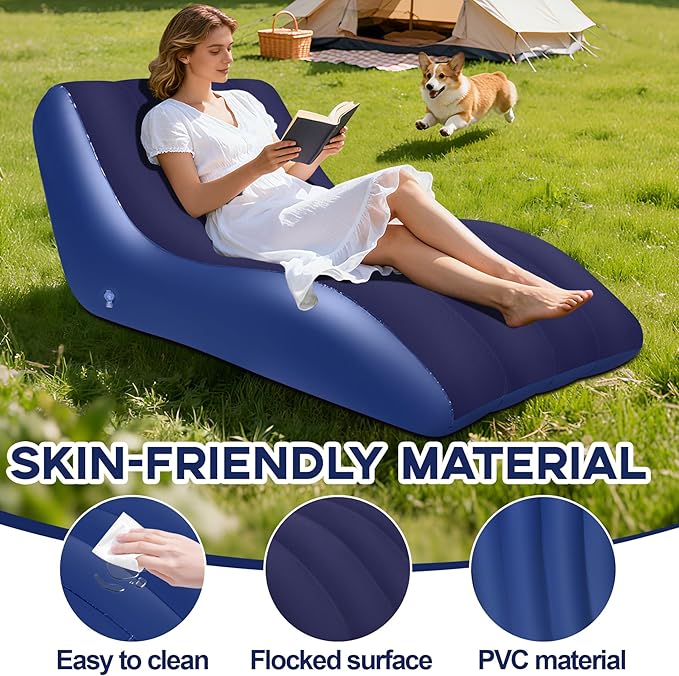 Inflatable Chair for AdultsInflatables Chairs with Flocked Surface Inflatable Lounge Chair with Backrest Comfort Ergonomic Inflatable CouchInflatable Couch for Camping Blue