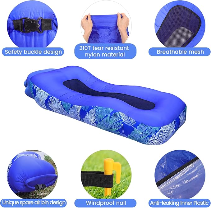 ele ELEOPTION Outdoor Inflatable Camping Couch Waterproof Portable Blow Up Air Sofa Chair Lounger for Backyard Beach Traveling Camping with Compression Sacks (Blue Feather)