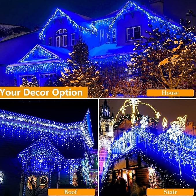 Joomer Christmas Icicle Lights - 66FT String Lights Outdoor Waterproof 8 Modes Timer Connectable Plug-in String Light for Eaves Roofs Christmas Decorations (Blue Non-Connectable)