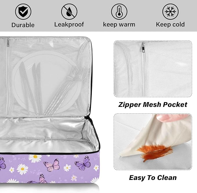 Casserole Carrier Cute Pattern Purple Butterfly and FlowersInsulated Casserole Carrier for Hot or Cold Food Thermal Lunch Tote for Potluck Parties Picnic Fits 9 x 13 Inches Baking Dish