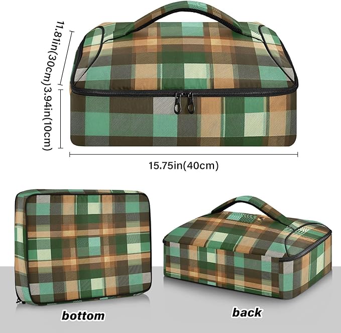 Casserole Carrier Green Brown Tartan Plaid Print Insulated Casserole Carrier for Hot or Cold Food Thermal Lunch Tote for Parties Picnic Travel Carry Bag