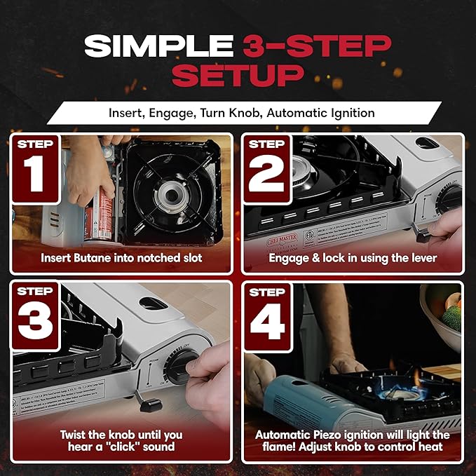 Chef Master 15000 BTU Butane Portable Camp Stove | Double Wind-Guard Portable Stove Burner w/Piezo Click Ignition for Emergencies Tailgating Hiking Backpacking &amp Camping Essentials - 90019