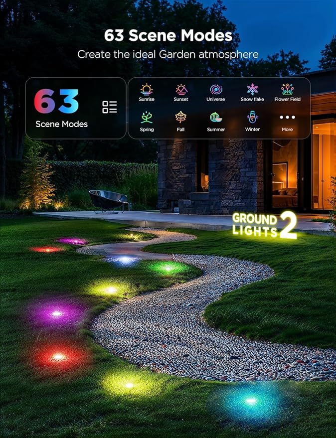 Govee Outdoor Ground Lights 2 50ft Patio Decorations 15 Pack RGBIC Pathway Lights with 100LM Warm White IP67 Waterproof 63 Scene Modes Works with Alexa Google Assistant