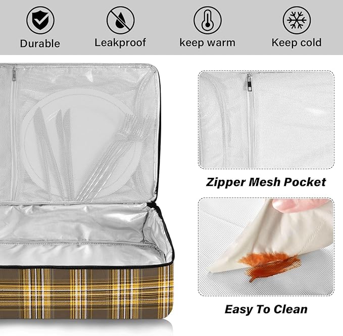 Casserole Carrier Yellow Brown Tartan Pattern Insulated Casserole Carrier for Hot or Cold Food Thermal Lunch Tote for Parties Picnic Travel Carry Bag