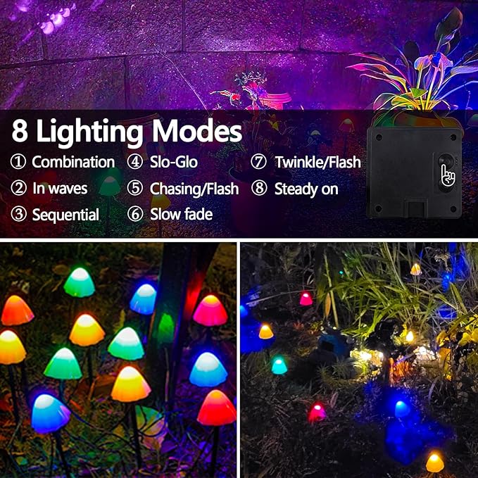 OZS 2PK 32LED 55FT Mushroom Solar Garden Lights Outdoor Solar String Lights Waterproof with 8 Lighting Modes Solar Garden Decor for Outside Pathway Light for Yard Decoration (Multicolor)