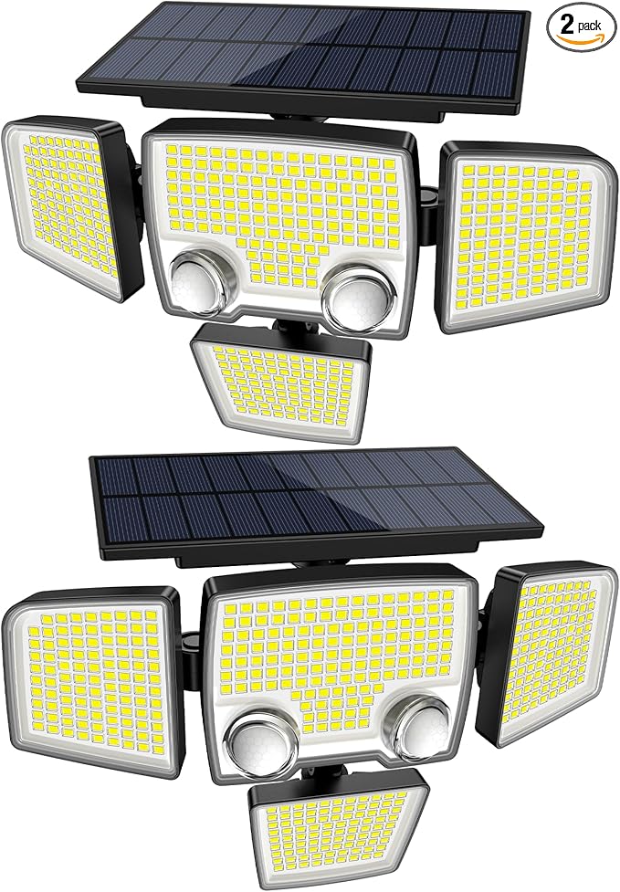 Tuffenough Solar Outdoor Lights with Motion Sensor - 2500LM Bright 4 Heads LED Security Flood Light with 2 Sensors - 3 Modes Solar Powered Detected Wall Lamp Fixtures Waterproof for Outside Yard