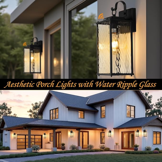 2-Pack Dusk to Dawn Outdoor Lighting with Water Ripple Glass IP65 Waterproof Matte Black Front Porch Lights Photocell Sensor Exterior Light Fixtures Outdoor Wall Sconces Coach Lights