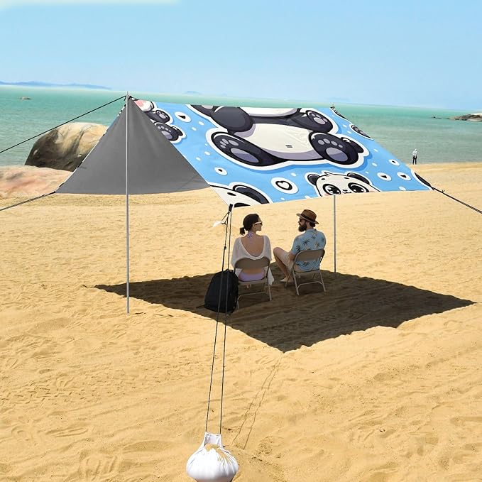 Cute Fat Chubby Panda Bear Sticker Blue Camping Sun Shelter Beach Tent Portable Beach Sun Shade Outdoor Canopy for Camping Trips Fishing Picnic