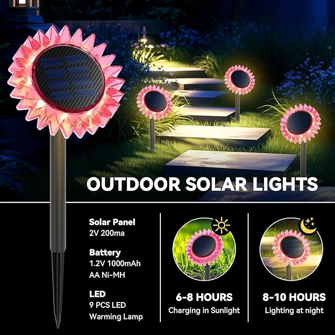 Outdoor Solar Lights 6 Pack Led Solar Sunflower Lights Stake/Wall 2-in-1 Waterproof Solar Garden Lights for Yard Landscape Fence Patio Driveway Pathway Backyard Decoration (Warm White)